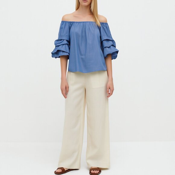 Zara Woman XS Blue Off Shoulder Ruffle Sleeve Blouse Romantic Resortwear - Picture 1 of 7